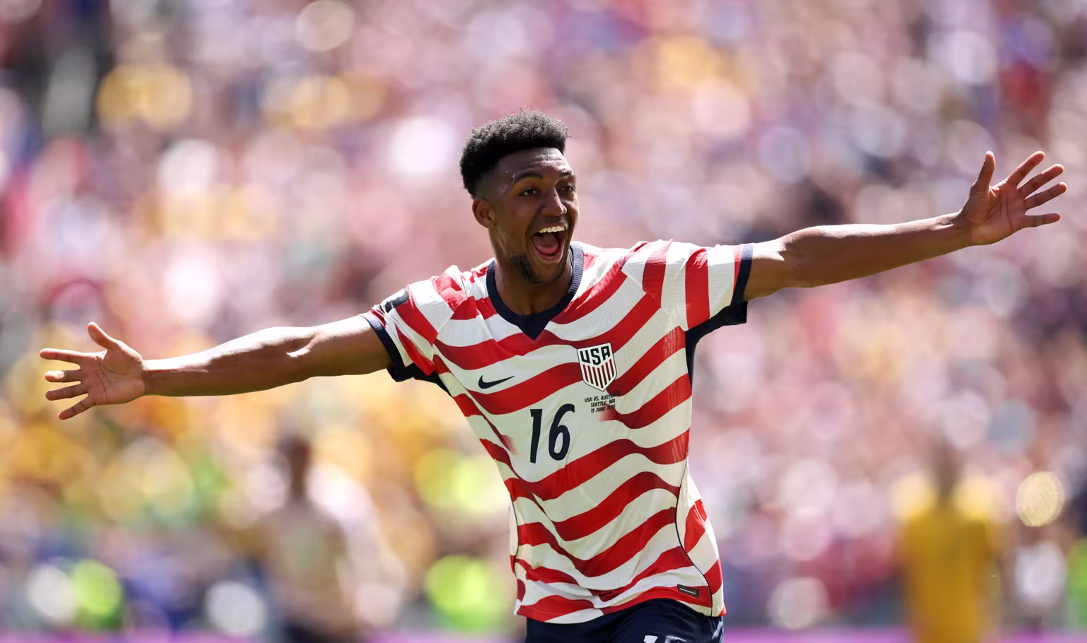 Alex Freeman of the United States celebrates scoring his team s second goal during the FIFA World Cup 2026 Group D match between USA and Australia