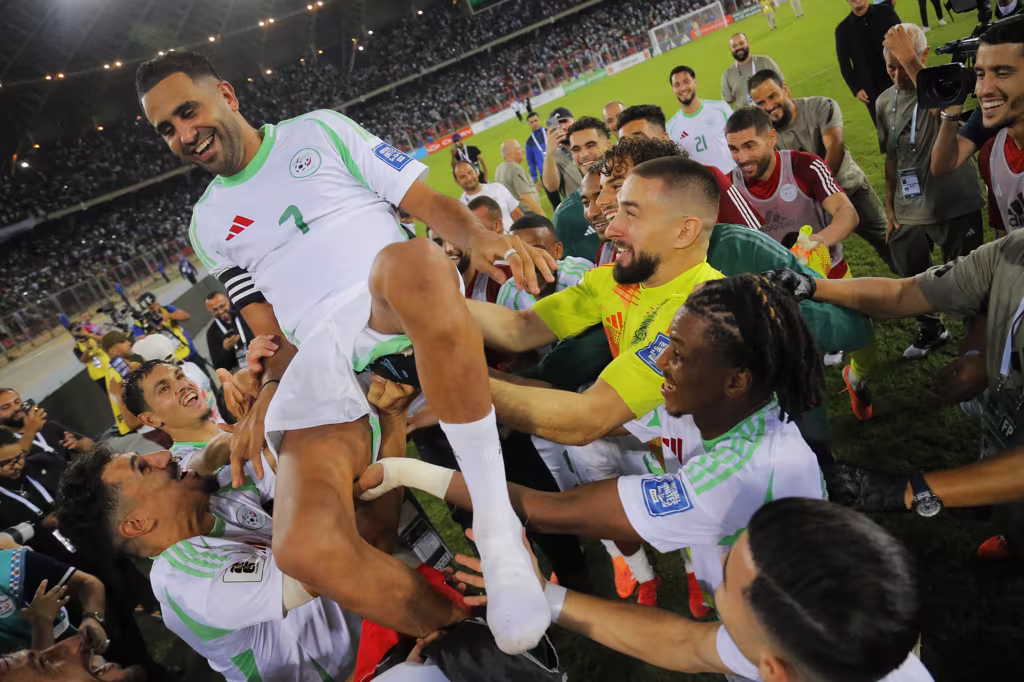 Algeria players celebrates victory during the FIFA World Cup Qualifiers 2026 match between Somalia and Algeria held at Miloud Hadefi Stadium in Oran Algeria on 09 October