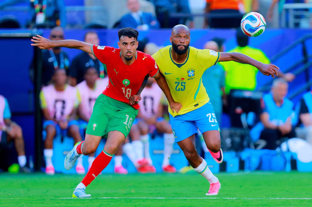 Chadi Riad Morocco Igor Thiago Brazil during FIFA World Cup 2026 Matchday