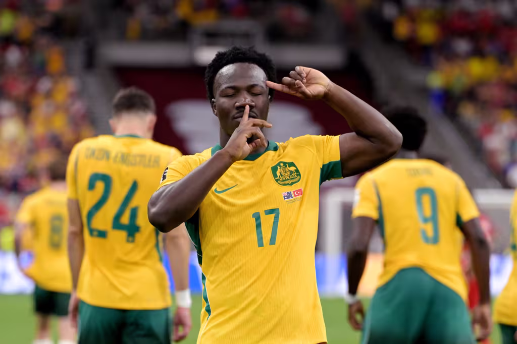 Nestory Irankunda of Australia celebrates 1 0 during the World Cup match between Australia v Turkey at the Vancouver Stadium