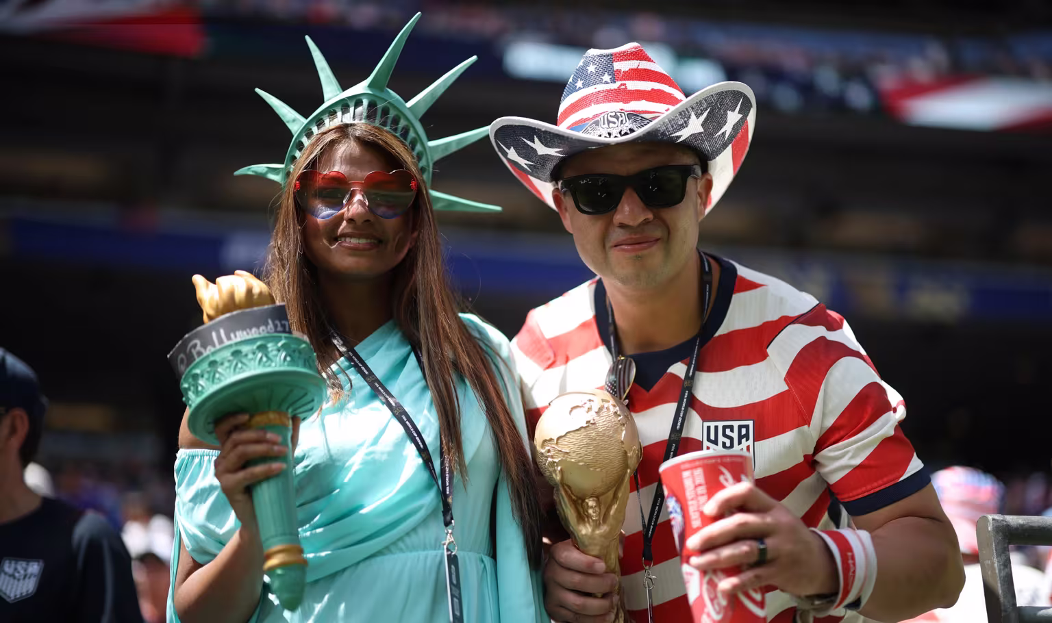 United States fans pose for photos in the stands during the FIFA World Cup 2026 Group D match between USA and Australia